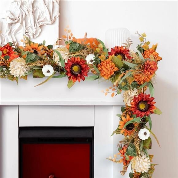 Fall Leaves Garland with Pumpkin: 6ft Fall Decor for Door Mantle - Picture 1 of 7
